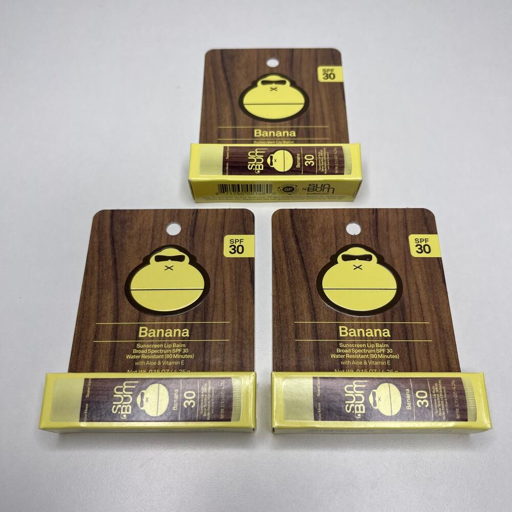 Set of 3 — Sun Bum Broad Spectrum SPF 30 Sunscreen Lip Balm w/ Aloe — Banana NEW